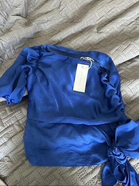 Lush Royal Blue Satin Tie-Hem Blouse one shoulder size small